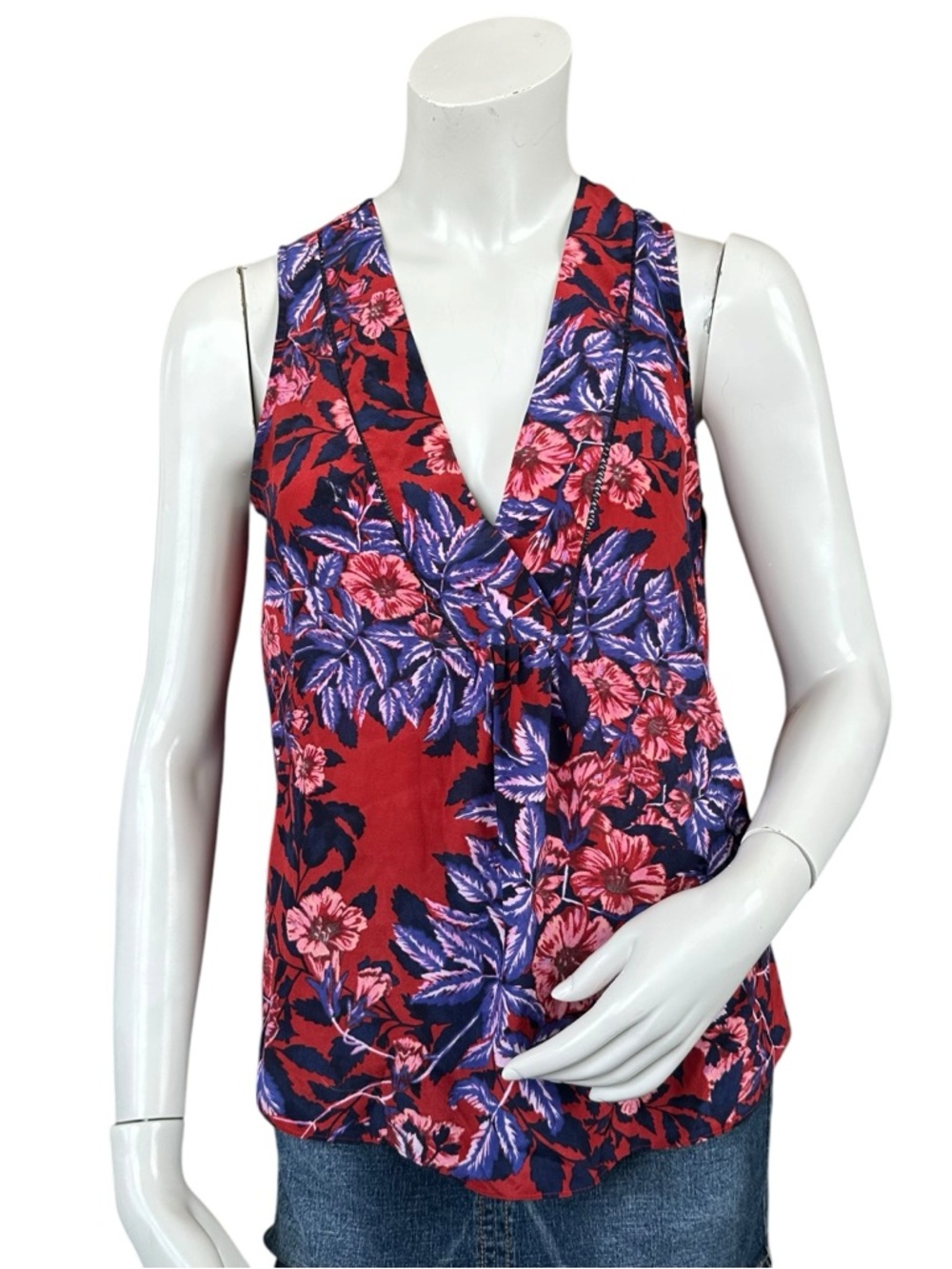 Rebecca Taylor Red Purple Blue 100% Silk Sleeveless Floral Blouse Size 2